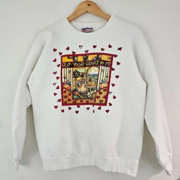 VTG 90s Hanes Sz M Mary Engelbreit Put Your Heart In It Sweatshirt Valentine Luv - Picture 1 of 13